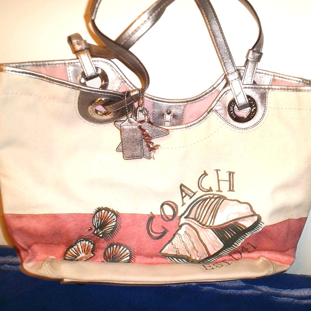 Coach Star Fish Limited Edition Beach Tote Canvas Leather Trim Shoulder